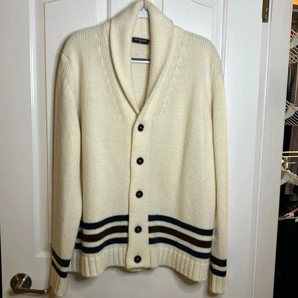 EUC men’s SAKS FIFTH AVENUE ivory with navy and brown stripes cardigan sz XL - Picture 1 of 8